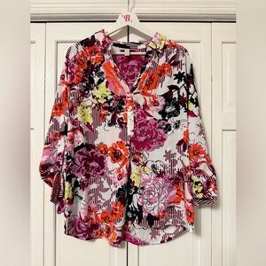 Dana Buchman Floral Roll Tab Sleeve Blouse Artsy Modest Mature Office Career XL